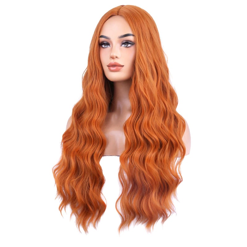 BERON Wigs Orange Long Wavy Wig for Women Curly Ginger Heat Resistant Synthetic Hair Wigs for Daily Use with Wig Cap - Image 3